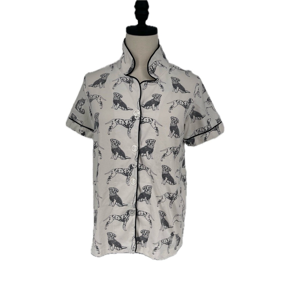 Bed Head Pajama Top ONLY Black and‎ White Short Sleeve Button Front Dogs Size XS
